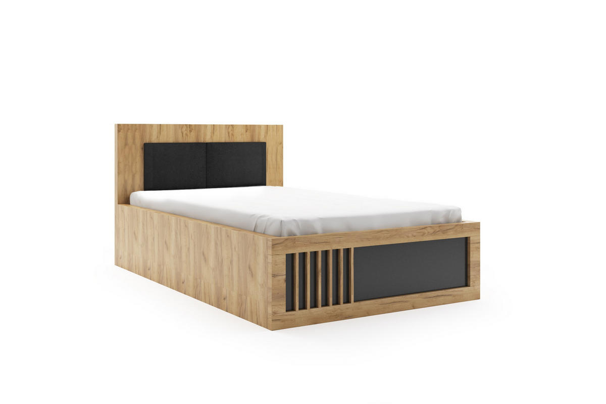 BETT Sorento mit Bettkasten & Gasdruckfeder 131,5x92x207,5 cm – Modernes Doppelbett mit Stauraum & Polsterkopfteil für Schlafzimmer - Eichefarben, Holzwerkstoff (120/200cm) - BM-Möbel