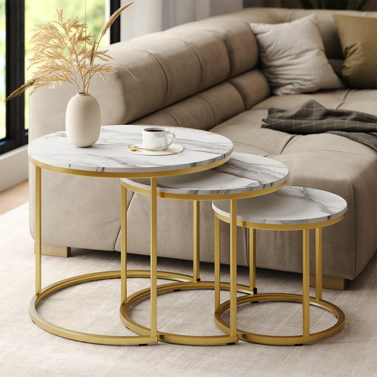COUCHTISCH-SET Montreal Weiß/Gold 55 x 55 cm 3 Teile - Goldfarben/Weiß, Holzwerkstoff (55/55/44.5cm) - Vicco