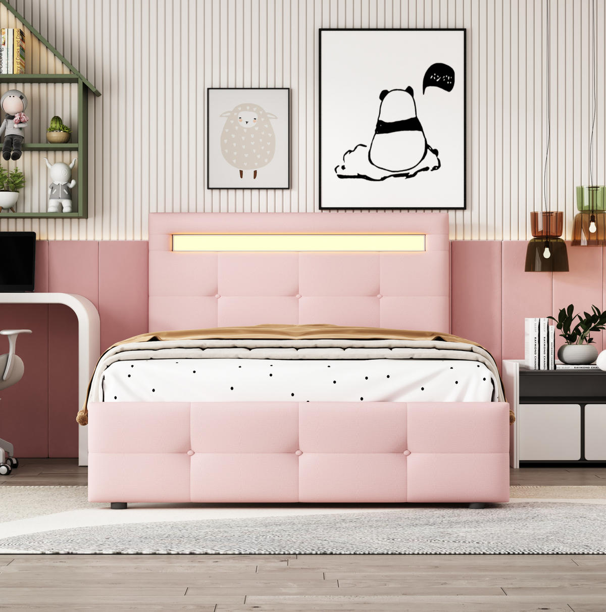 POLSTERBETT 90/200 cm aus Holz mit LED-Beleuchtung und 2 Schubladen Rosa - Pink, Textil (90/200cm) - Modenvie