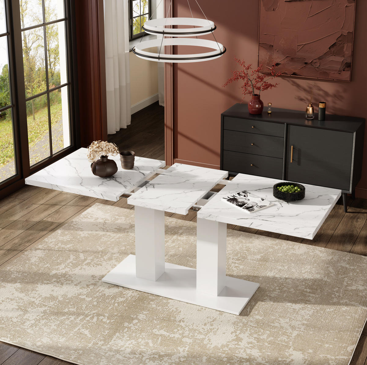 JÍDELNÍ stůl 140/180/70 cm bílý z MDF s rozkládací deskou a dvojitou podnoží - bílá, kompozitní dřevo (180/70/75cm) - OKWISH
