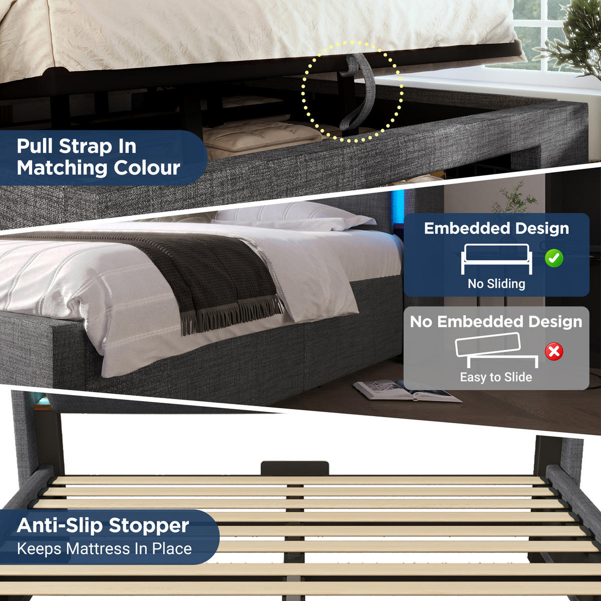 POLSTERBETT 160x200 Grau Leinen LED USB Stauraum - Grau, Naturmaterialen (160/200cm) - FLIEKS