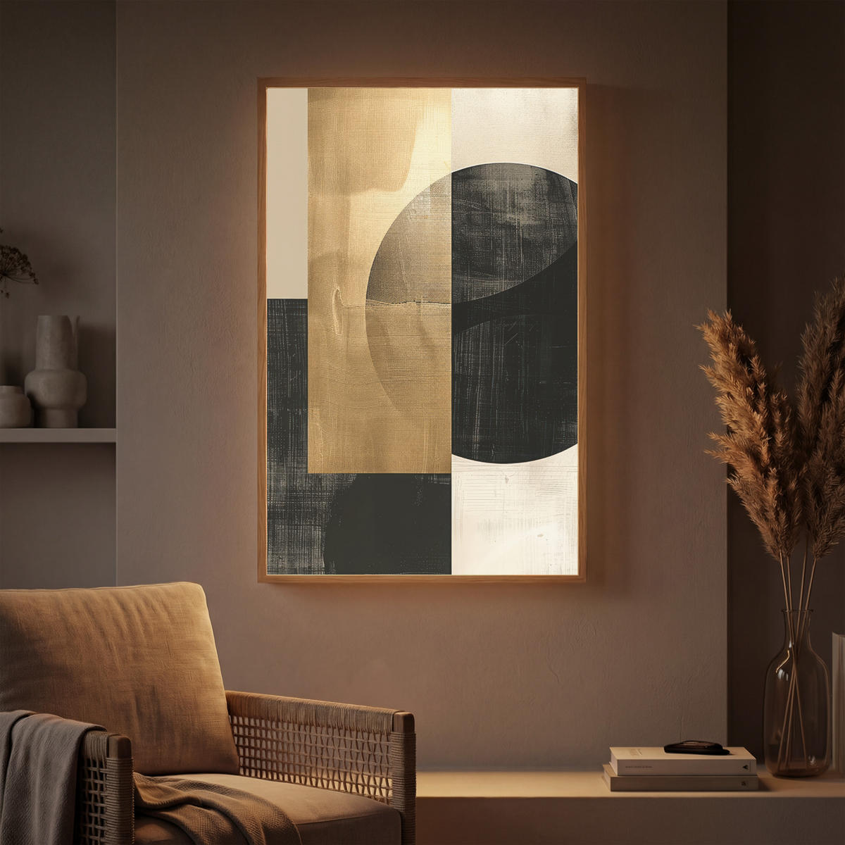 WANDLEUCHTE MIT AKKU Abstrakt - Modern - Schwarz - Gold 60x90 cm - Sandfarben, Holzwerkstoff (60/90/8cm) - OnlyWow