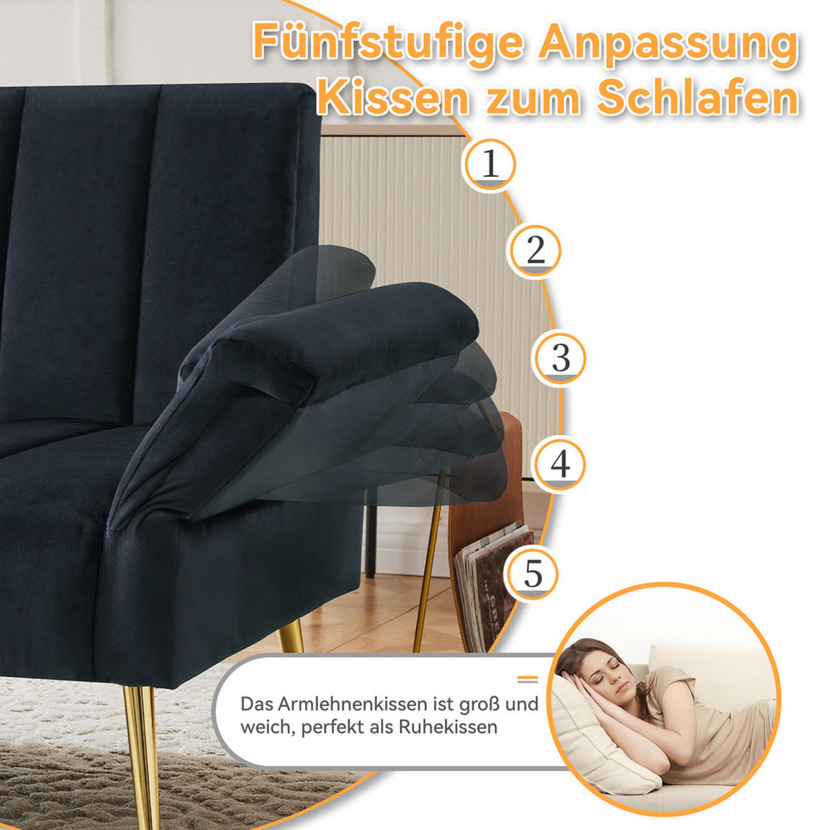 KLAPPBARES Schlafsofa mit Zusatzbeinen und Schlaffunktion in Samt Schwarz - Schwarz, Holz (76/75/183cm) - FLIEKS