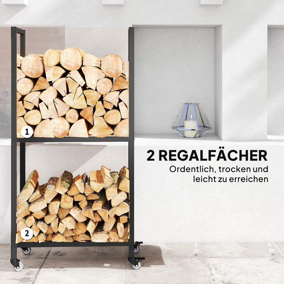 KAMINHOLZREGAL für innen Stahl 60 x 30 x 119cm 2 Ebenen Brennholzregal mit Rolle - Schwarz, Metall (30/119/60cm) - Outsunny