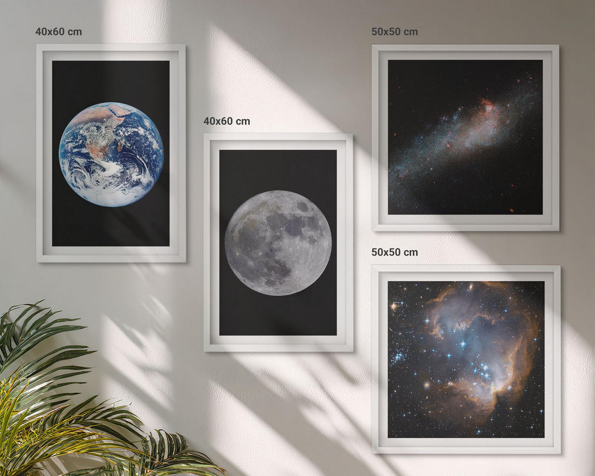 BILDER SET 4er Set - 50x50 cm & 40x60 cm Weißer Rahmen - Galaxie Weltraum Mond - Weiß, Kunststoff (50/50cm) - TULUP