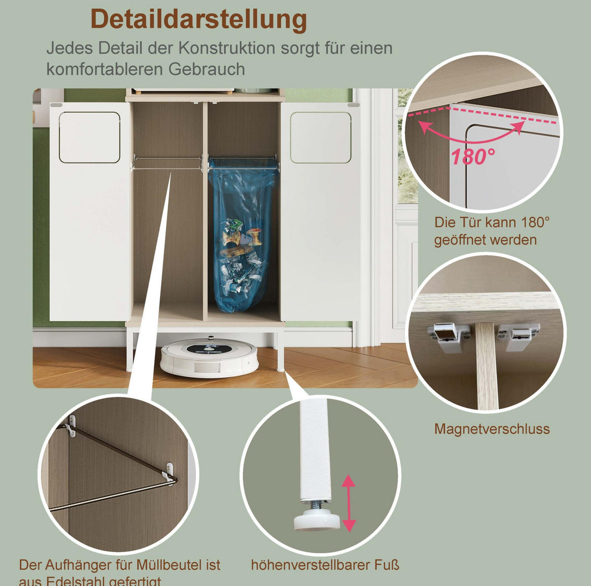 BUFFET 53/35/181 cm aus MDF mit Müllfach und Mikrowellenfach Weiß - Weiß, Holzwerkstoff (35/181/53cm) - Modenvie