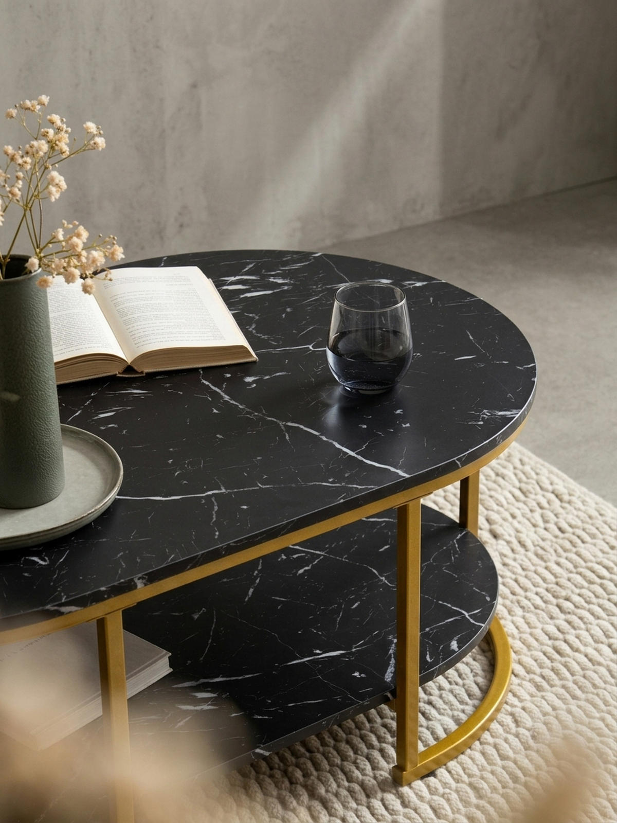 COUCHTISCH mit Marmor Optik, rechteckig, Ablage, goldenes Metallgestell, Schwarz 100x60x45 cm - Goldfarben/Schwarz, Holzwerkstoff/Metall (60/100/45cm) - KADIMA DESIGN