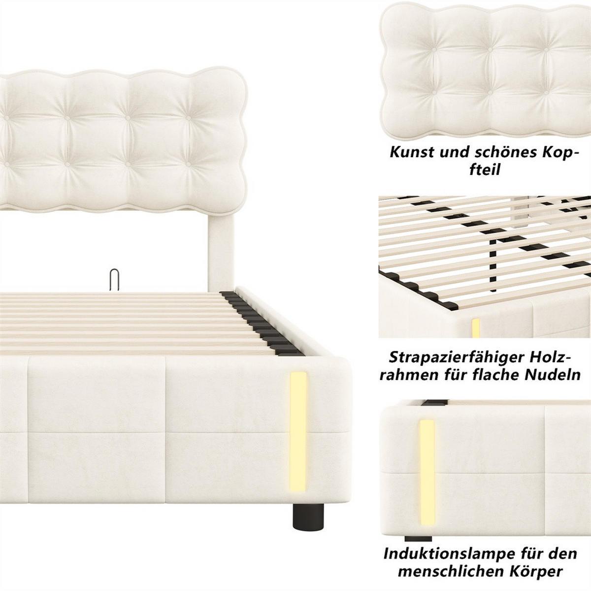 POLSTERBETT 140x200 cm - Doppelbett mit Stauraumfunktion und Bewegungsmelder-Bettendenleuchte - ohne Matratze - Beige - Beige, Textil (140/200cm) - DELFA