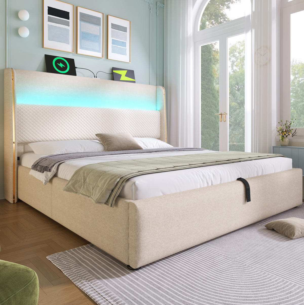 BETT mit LED, Stauraum & USB/Type-C 160x200 cm Leinen Beige inkl. Matratze - Beige, Metall (160/200cm) - Meubliv