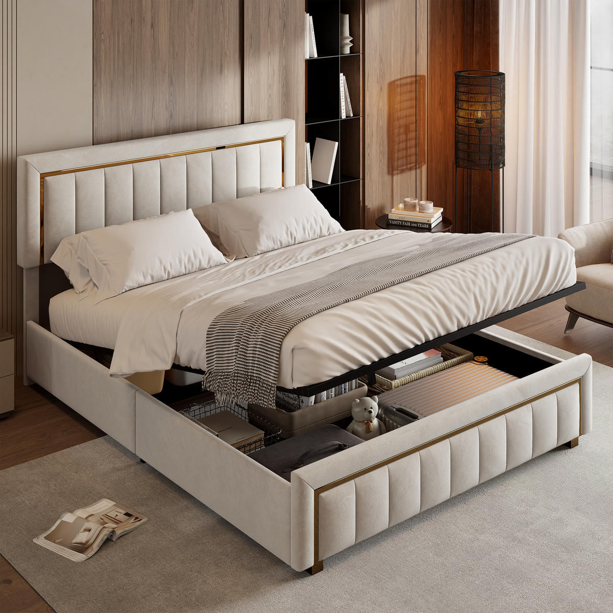POLSTERBETT 140x200 cm, Beige, mit Stauraum & Lattenrost - Beige, Textil/Metall (140/200cm)
