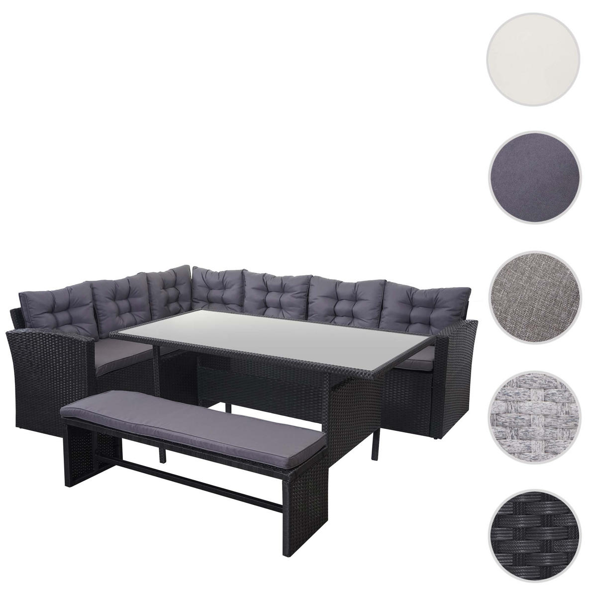 POLY-RATTAN-GARNITUR MIT BANK Schwarz 1 Eckbank, 1 Tisch, 1 Sitzbank-Set - Schwarz, Kunststoff - MCW