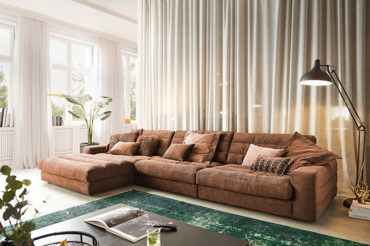 ECKSOFA XL LANA Braun Cord - Dunkelbraun/Schwarz, Textil (416/205cm) - KAWOLA