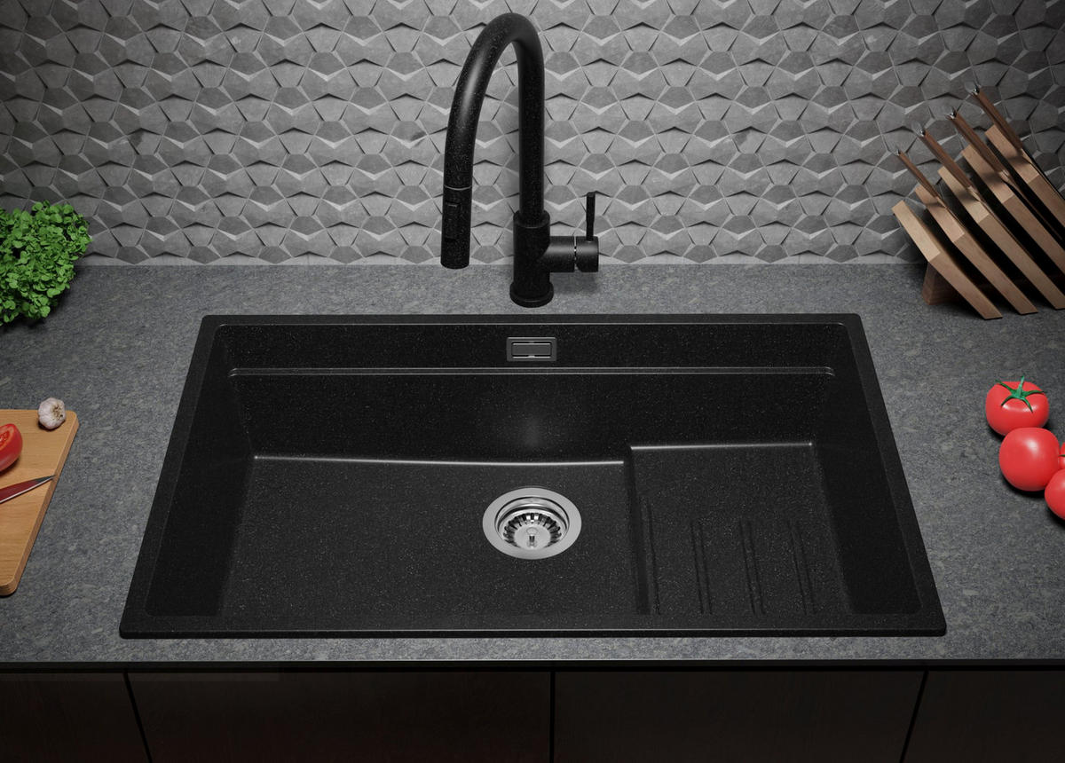 SPÜLBECKEN Praga Slim, 2-er set Anthrazit 76/47 cm 1 Becken + Ablauf-Set + Aufrollbare Abtropffläche ab 80er Unterschrank - Chromfarben/Anthrazit, Kunststoff (76/20/47cm) - Primagran