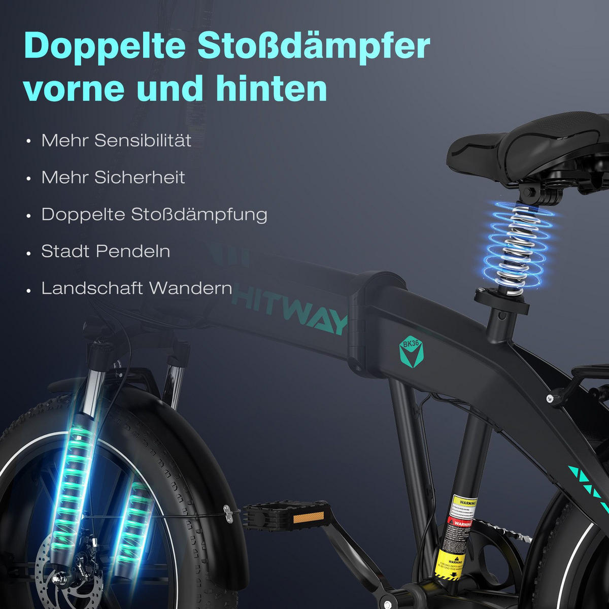 E-BIKE Klapprad BK36 Pedelec bis zu 50-100km 7 Gang shimano Schaltwerk - Schwarz, Metall (32cm) - HITWAY