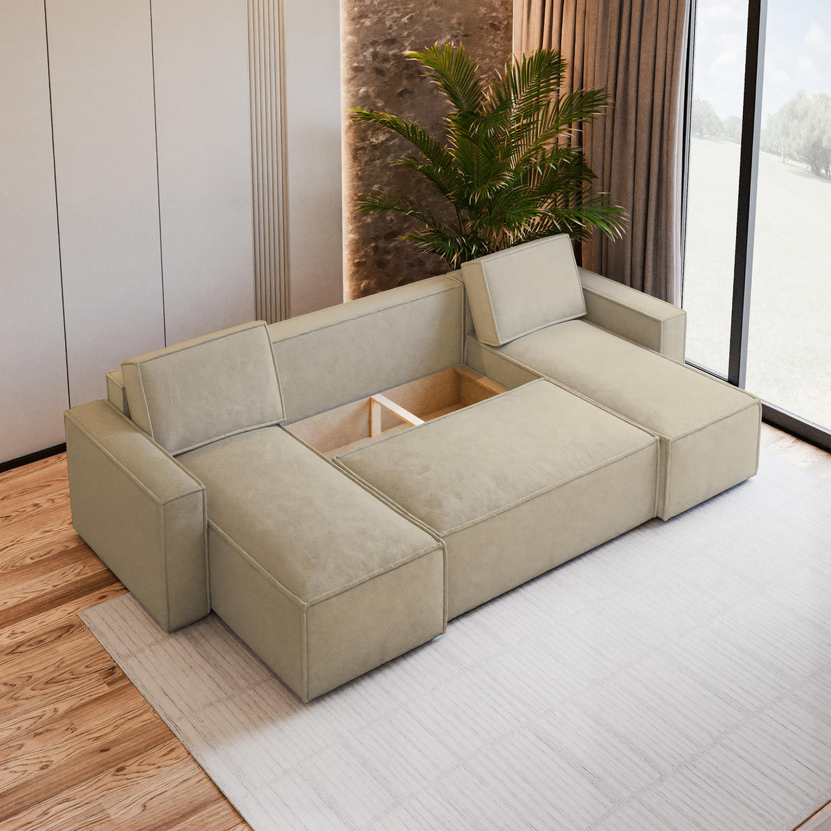 WOHNLANDSCHAFT PESANO M Creme Velours-Stoff mit Schlaffunktion - Creme, Holz (306/85/140cm) - MASSENO