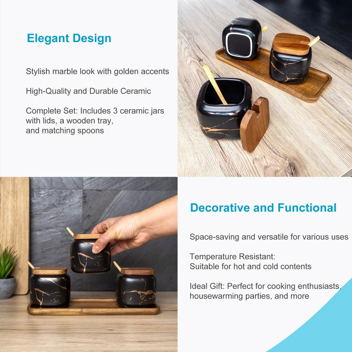 ZUCKERDOSE Vorratsdose mit Deckel Löffel Holztablett (3er-Set) - Schwarz, Keramik (8.5/11.5cm) - Intirilife