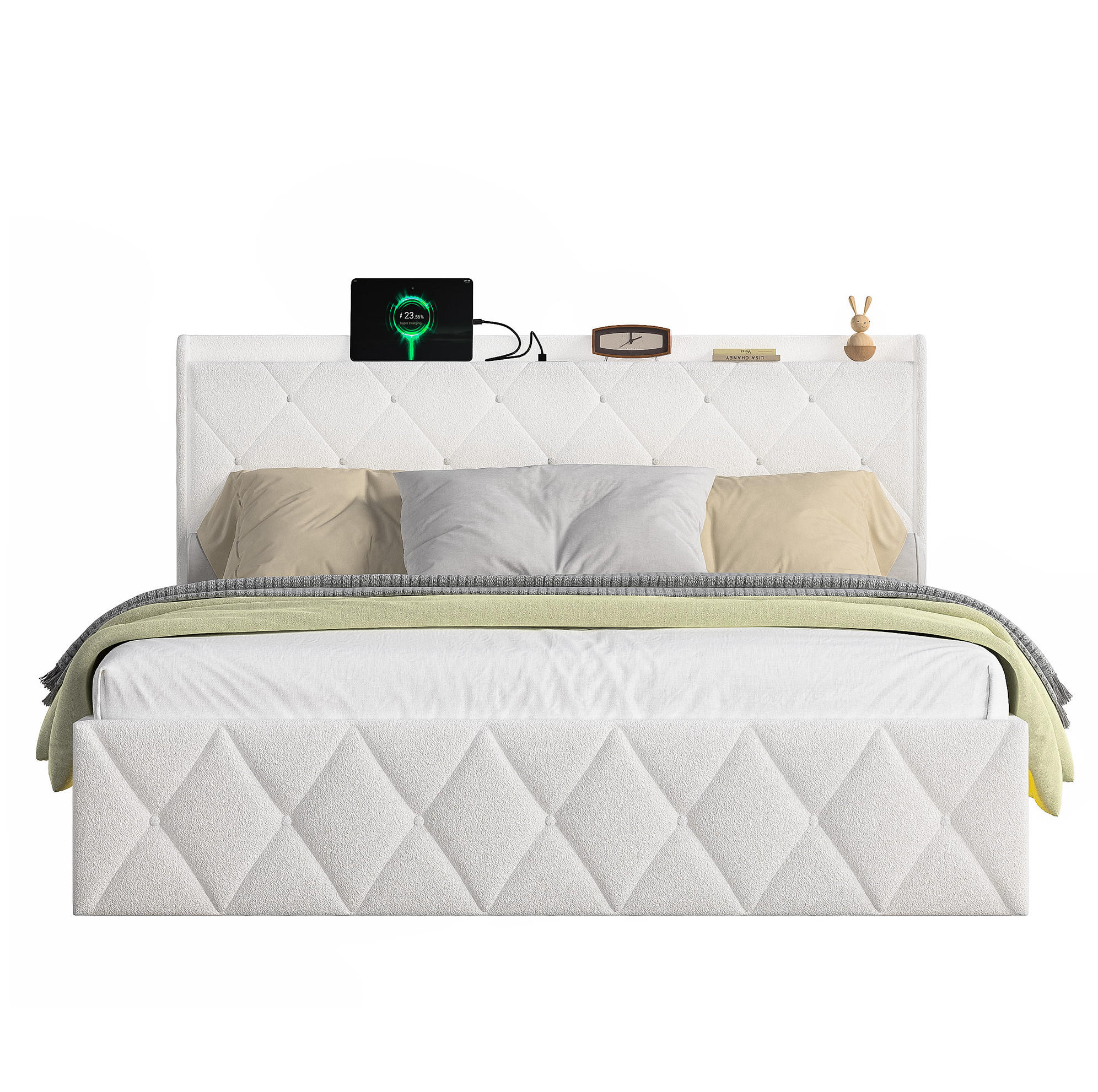 POLSTERBETT 160/200 cm aus Teddy-Stoff mit USB-Ladefunktion und LED-Beleuchtung Weiß - Weiß, Fell (160/200cm) - Modenvie