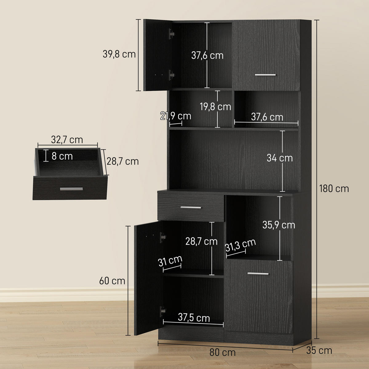 KÜCHENSCHRANK Hochschrank mit verstellbarem Regal Schublade Schwarz - Silberfarben/Schwarz, Holzwerkstoff/Metall (35/180/80cm) - HOMCOM
