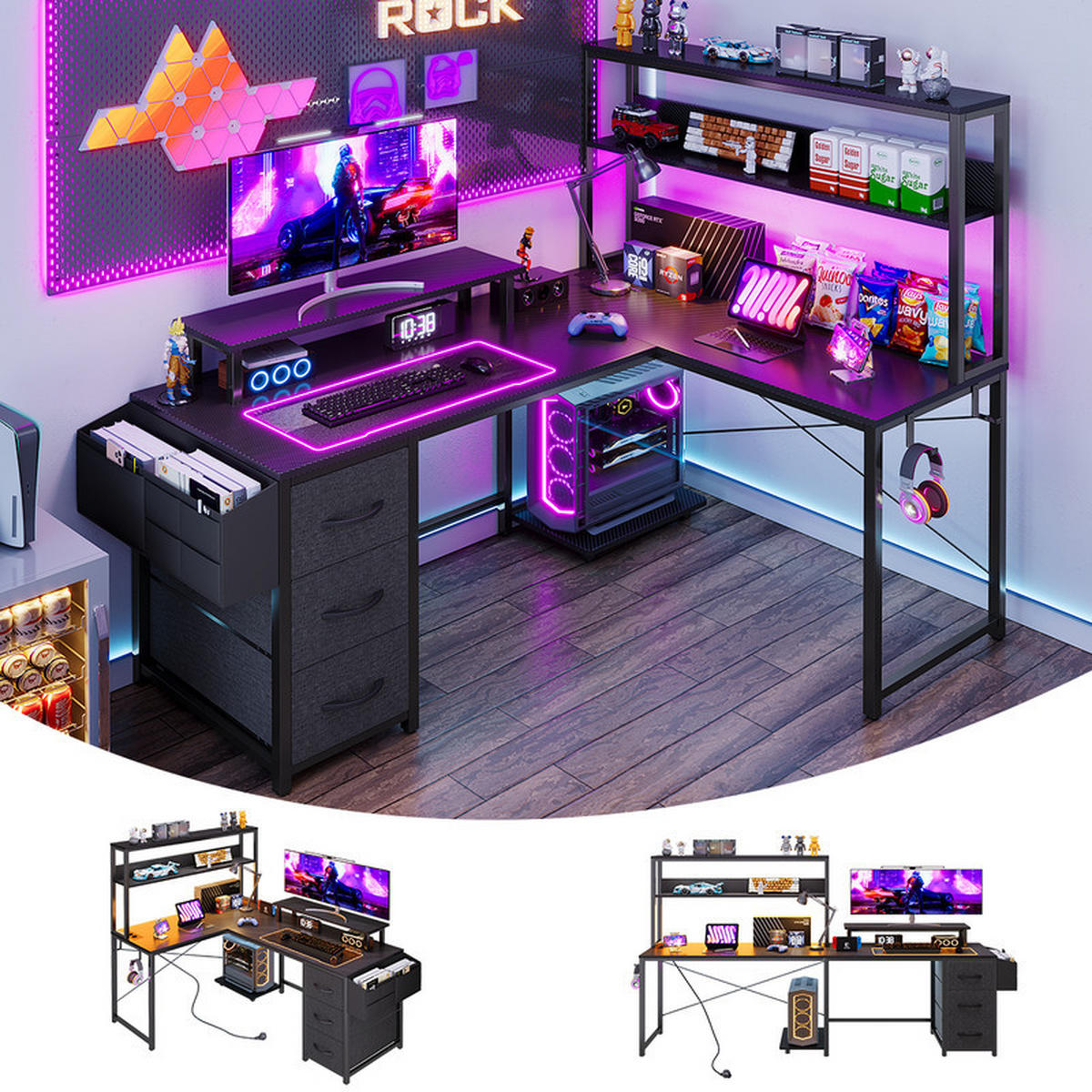 GAMINGTISCH L-förmig mit LED, 148 x 100 x 75 cm, großer Eck-Computertisch mit Stauraum, mit Monitorständer, 2 Steckdosen und USB, 3 Schubladen - Schwarz, Metall (150/48/75cm)