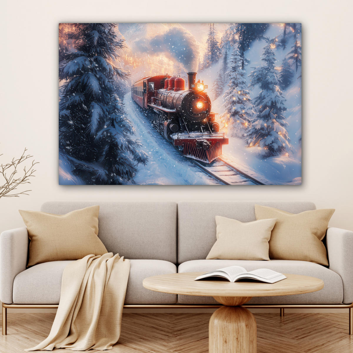 LEINWANDBILD Weihnachtszug - Schnee - Winter - Weihnachten Wohnzimmer 120x80 cm - Dunkelrot, Textil (120/80cm) - MuchoWow