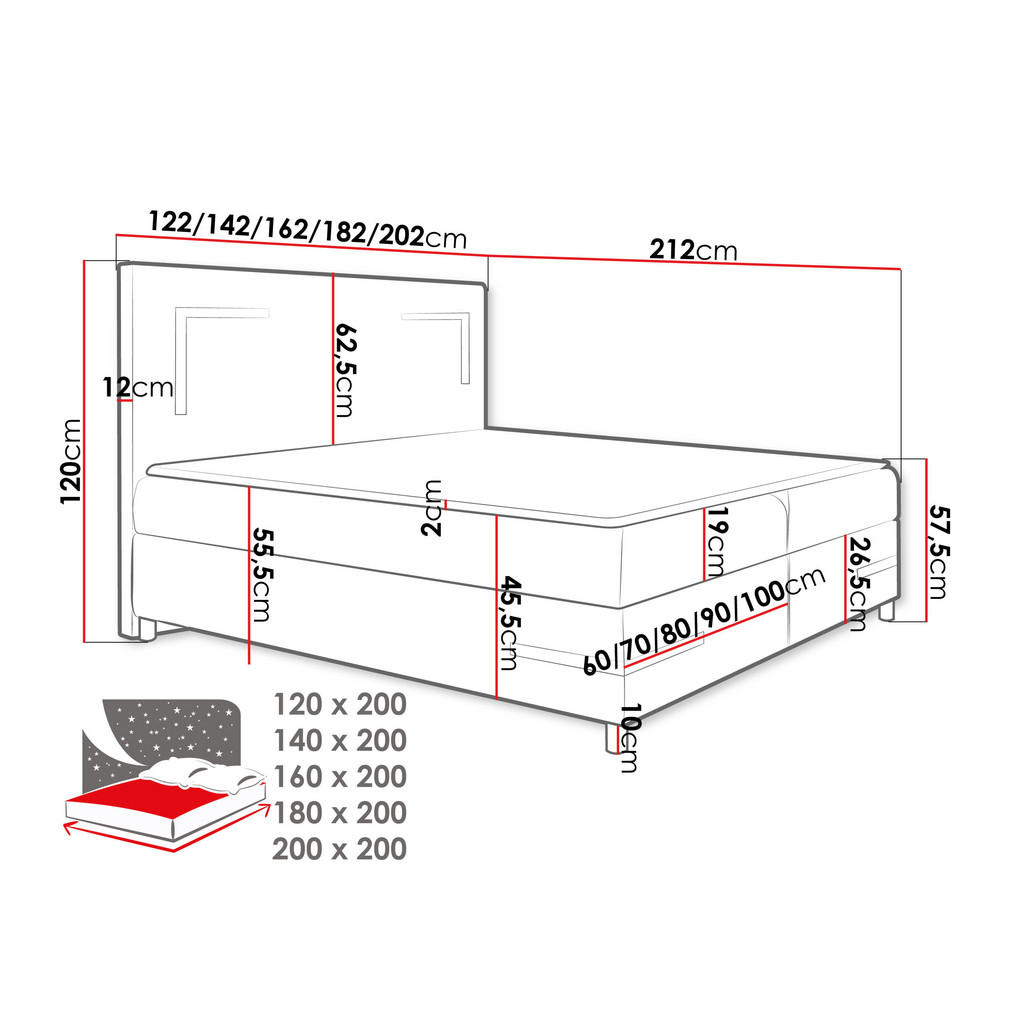 Thumbnail - Mirjan24 Boxbett, Rot, Holz, H3, 120x200 cm, Schlafzimmer, Betten, Boxspringbetten