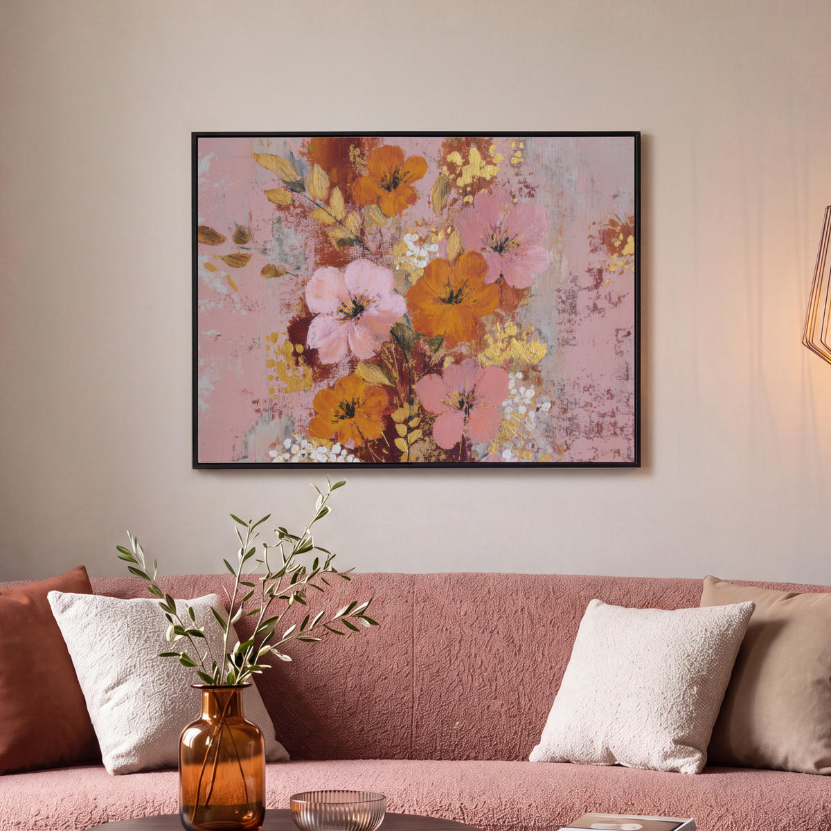 LEINWAND Bilder mit Rahmen - Malerei - Blumen - Rustikal - Rosa - 80x60 - Altrosa, Textil (80/60cm) - MuchoWow