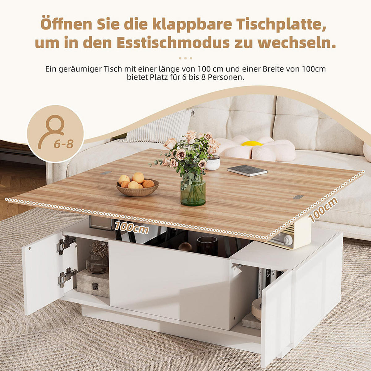 COUCHTISCH mit Doppel-Hebemechanismus，weiß - Weiß, Holz (100/50/55.5cm) - KOMHTOM