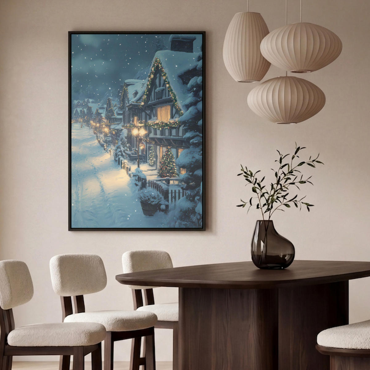 LEINWAND Bilder mit Rahmen - Weihnachtsdorf - Weihnachten - Schnee - Winter - 100x150 - Dunkelblau, Textil (100/150cm) - MuchoWow