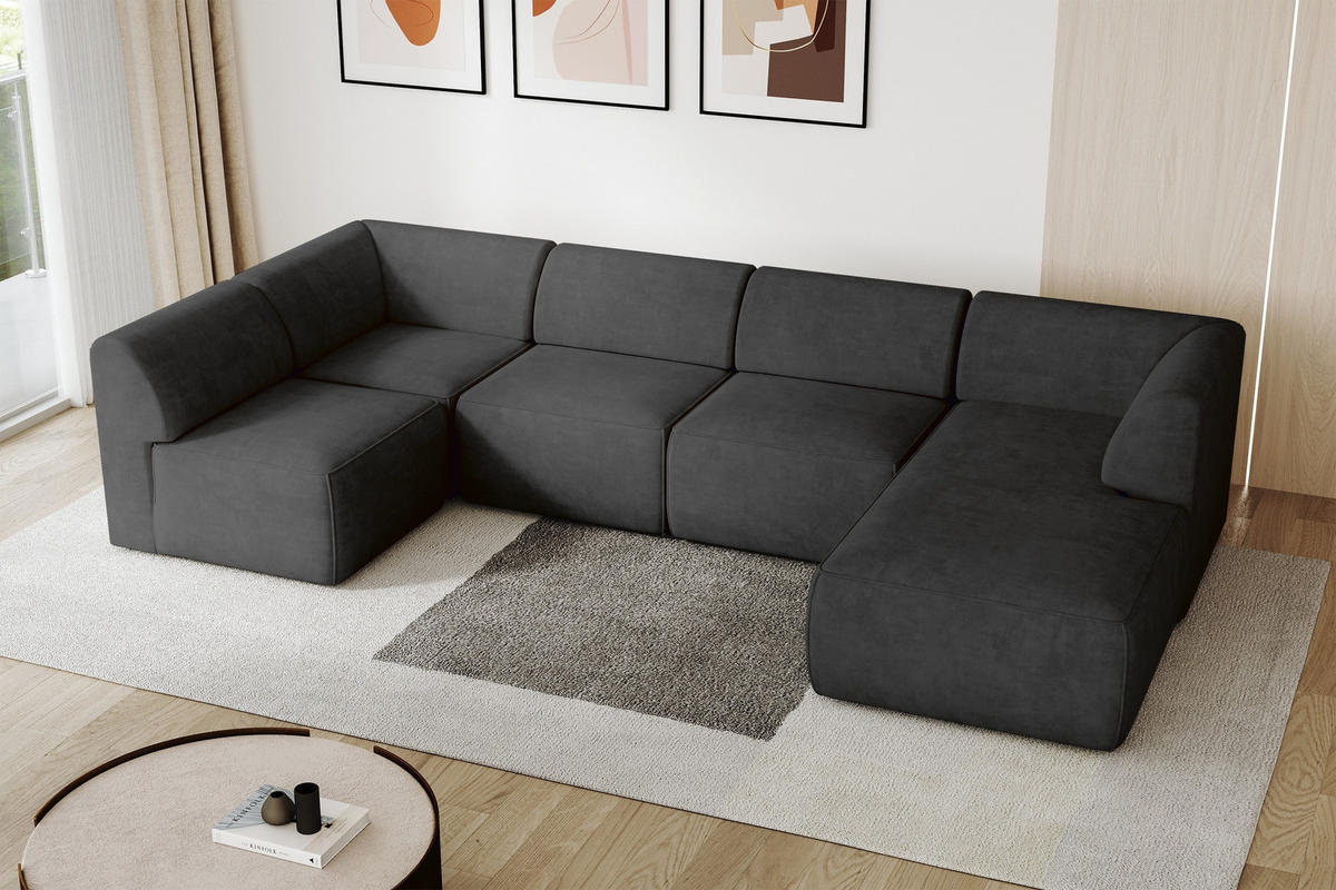 WOHNLANDSCHAFT Ottomane Rechts MOVA 345x180x78 Schwarz Samt - Schwarz, Holzwerkstoff/Kunststoff (345/78/180cm) - ALTDECOR