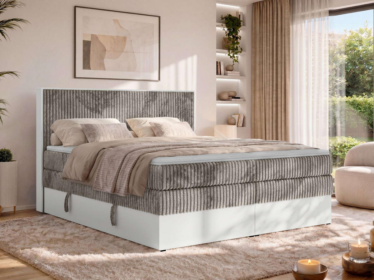 BOXSPRINGBETT TRAVIT KING 200/200 - Hellbraun Cord - Topper Visco - H3 - Hellbraun/Schwarz, Kunststoff/Textil (200/200cm) - MKS