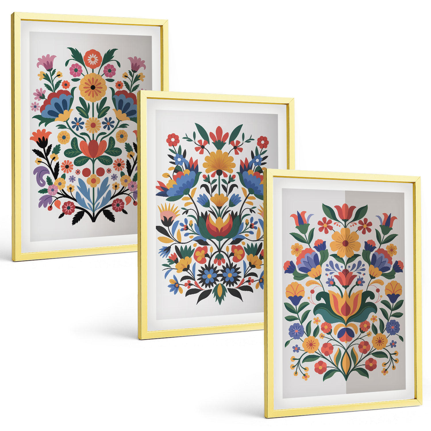 BILDER SET 3er Set - 40x60 cm Goldrahmen - Blumenmuster in intensiven Farben - Goldfarben, Kunststoff (40/60cm) - TULUP