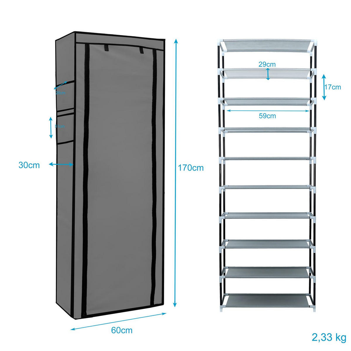 SCHUHSCHRANK Faltbar (Grau) - Grau, Textil (28/170/58cm) - Intirilife