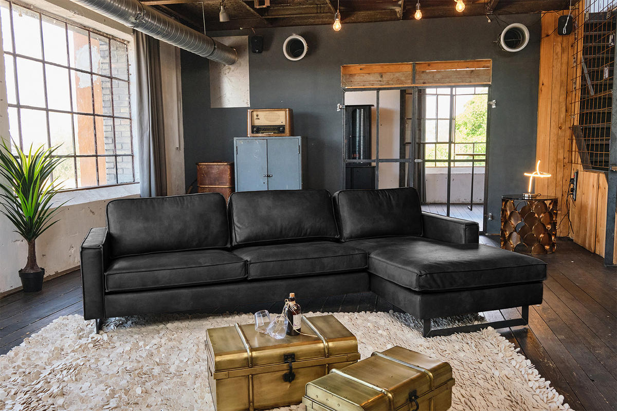 ECKSOFA VILNIUS Schwarz Lederfaserstoff - Schwarz, Leder/Metall (286/170cm) - KAWOLA