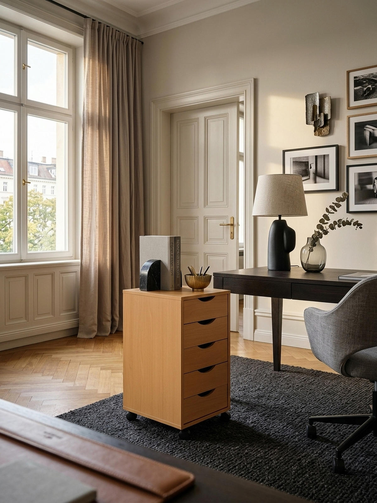 ROLLCONTAINER – Buche, 5 Schubladen, Schreibtischcontainer, Rollen - Schwarz/Braun, Holz/Kunststoff (33/64/38cm) - KADIMA DESIGN