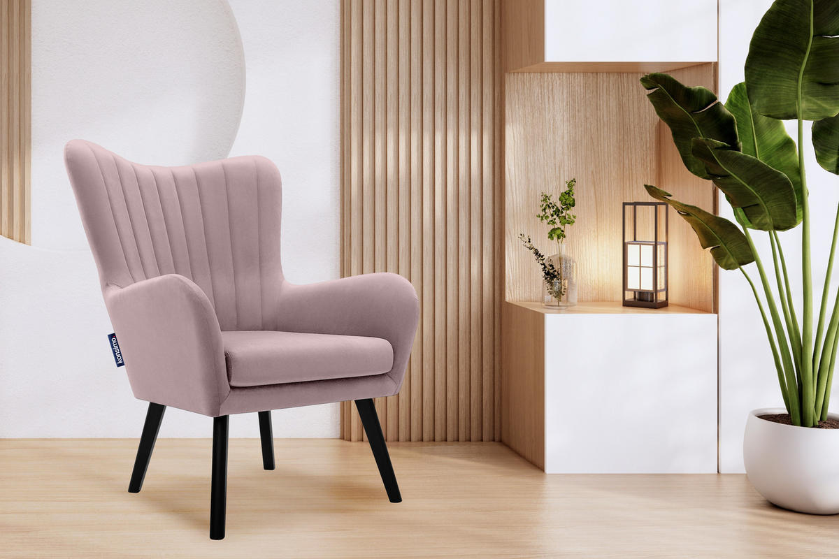 OHRENSESSEL GADI Velourstoff, Rosé - Pink/Schwarz, Holz/Textil (76/100/78cm) - KONSIMO®