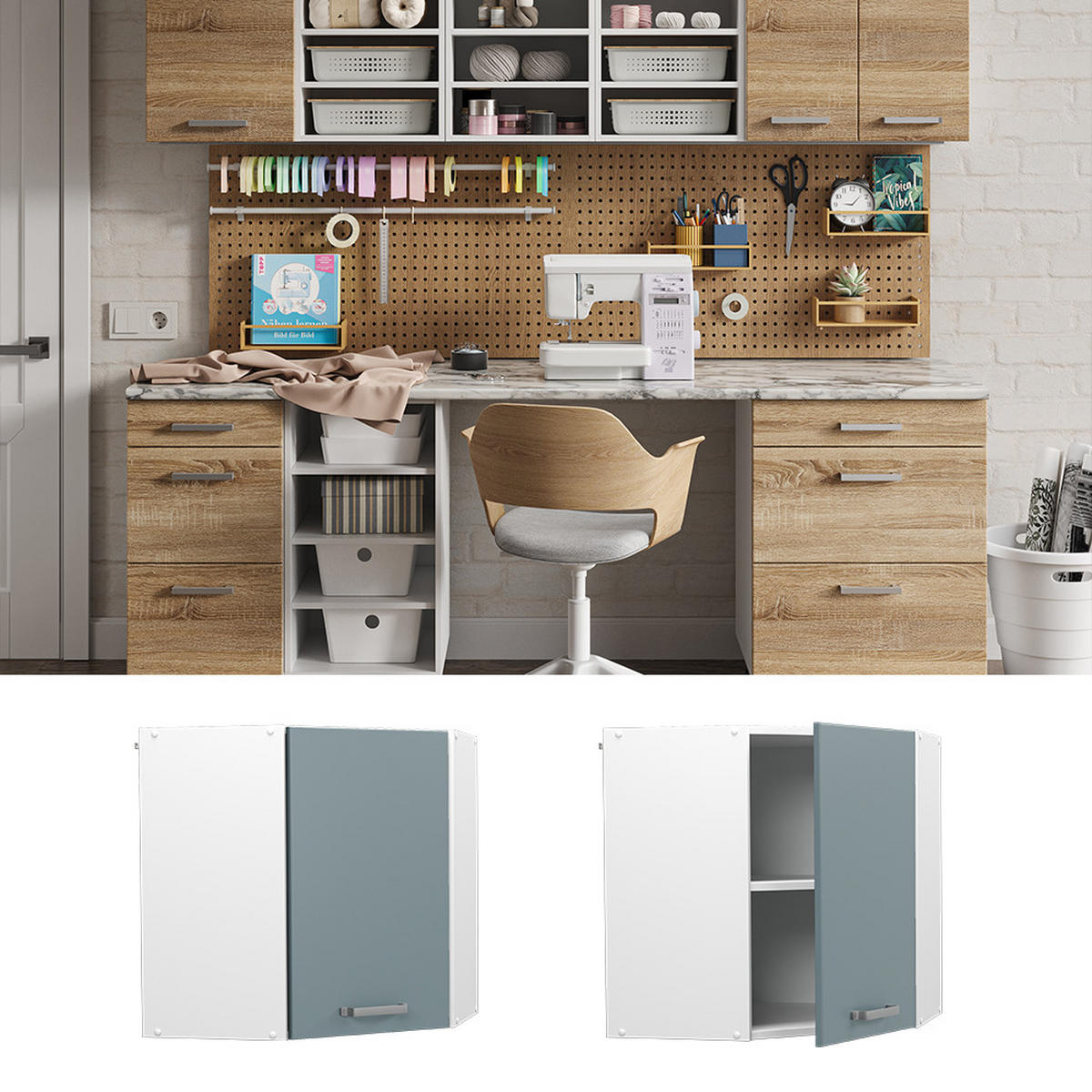 UNIVERZÁLNÍ NÁSTĚNNÁ SKŘÍŇKA R-Line Modrošedá - bílá/šedohnědá, kompozitní dřevo (57/60/34.1cm) - Vicco