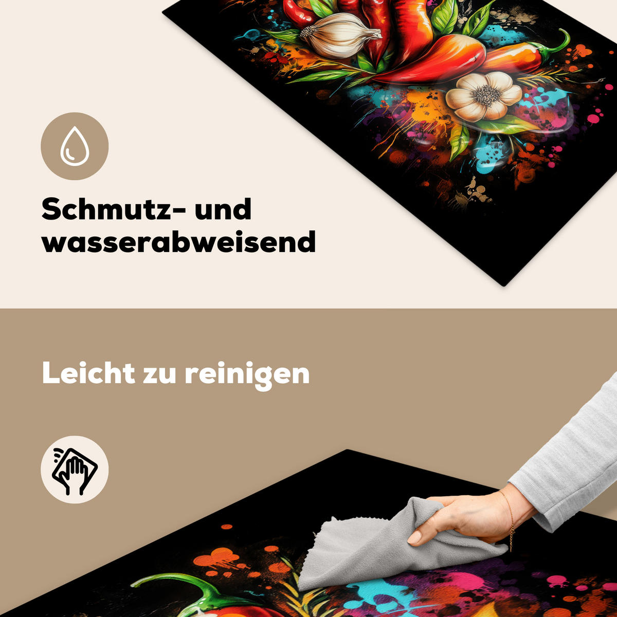HERDABDECKPLATTE Gemüse - Paprika - Knoblauch - Graffiti - Farbe - Bunt 91x52 cm - Rot, Kunststoff (91.2/52/0.2cm) - MuchoWow
