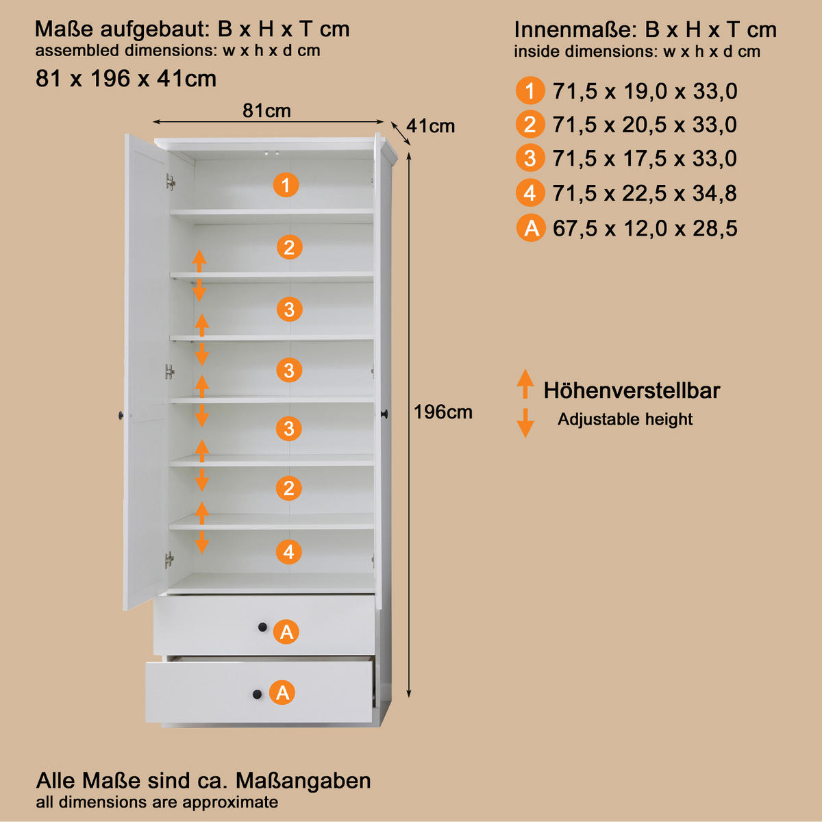 GARDEROBENSCHRANK weiß matt 81 x 196 cm, SCHUHSCHRANK im Landhaus-Stil - Silberfarben/Weiß, Holzwerkstoff/Metall (81/196/41cm) - Top.Furn