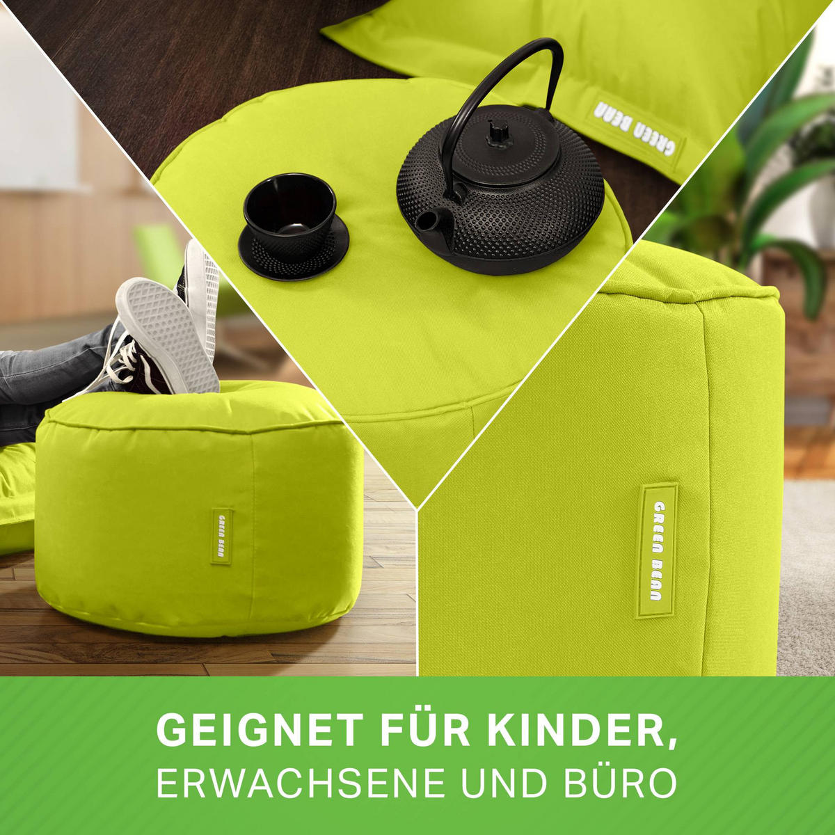 SITZSACK-HOCKER Pouf "Stay" 45x25cm - Hellgrün, Textil (45/25/45cm) - Green Bean
