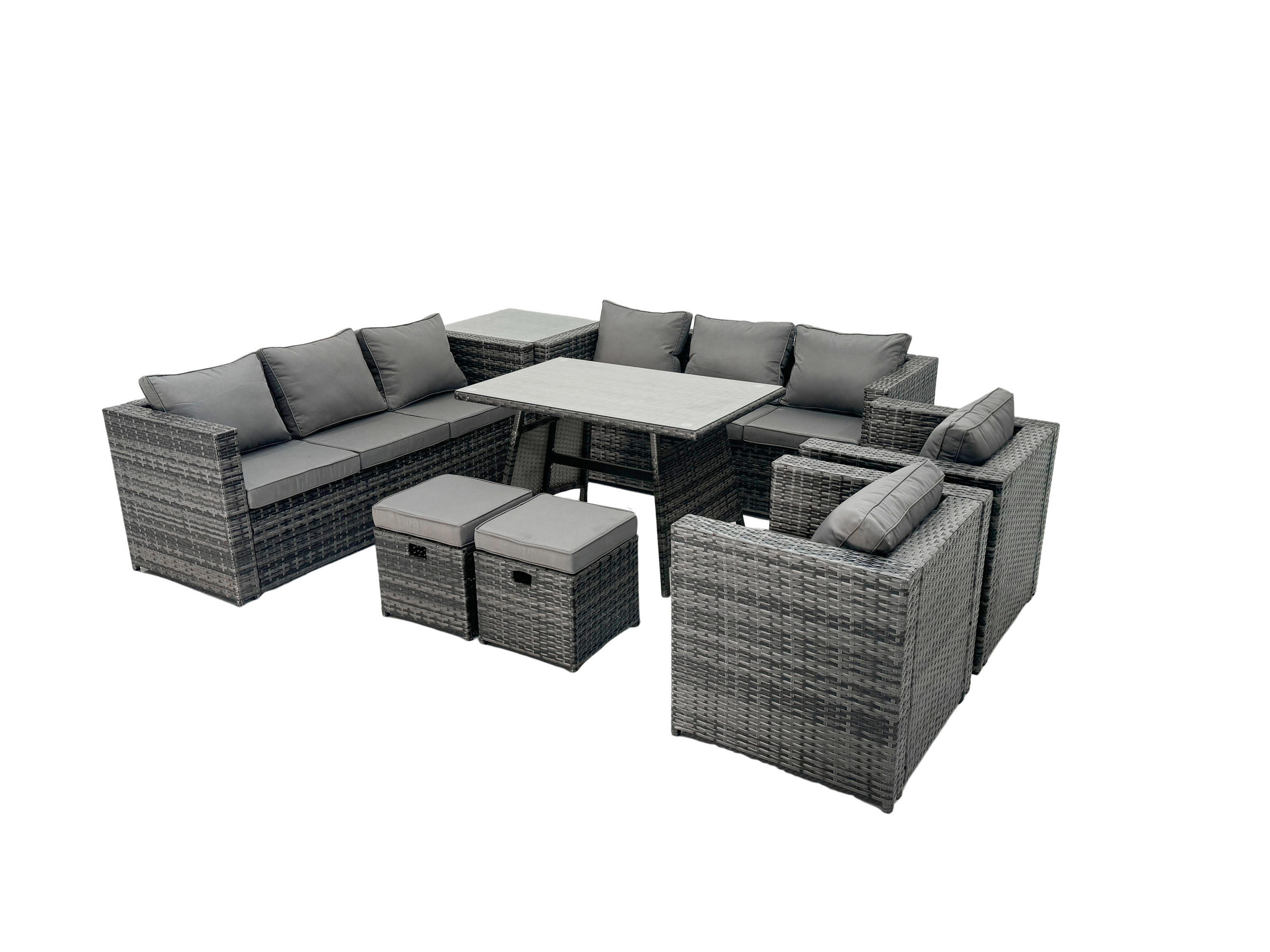 GARTENMÖBELSET mit 2 Hockern 10-Sitzer Grau - Dunkelgrau/Grau, Glas/Kunststoff - Fimous