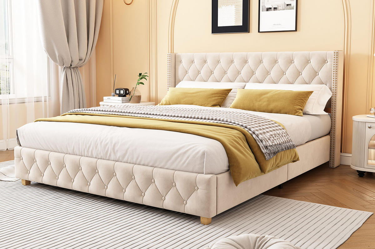 POLSTERBETT 180/200 cm aus Samt in Hellbeige mit Knopfheftung - Beige, Textil (180/200cm) - Flora Grace