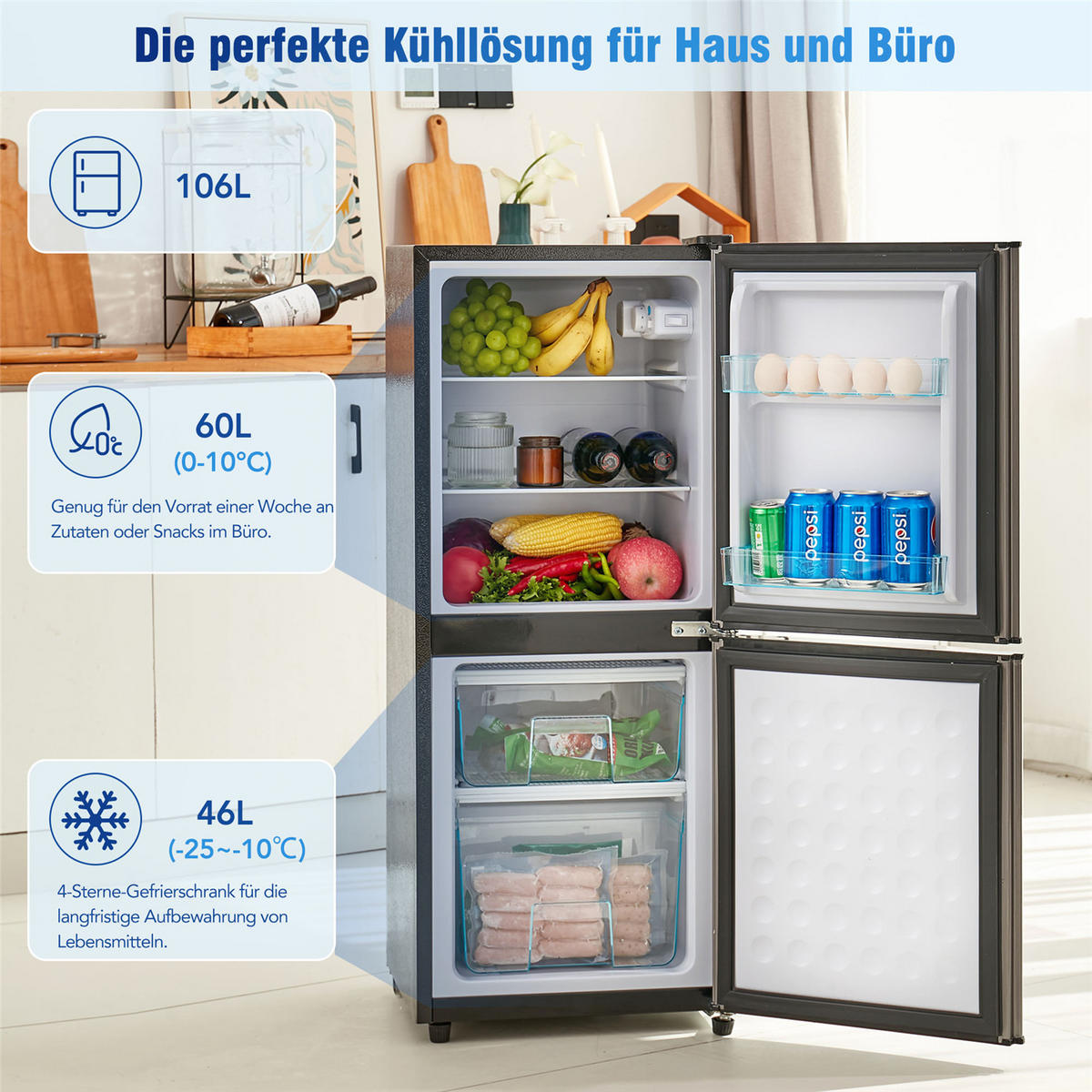 MINIKÜHLSCHRANK 106L (60L+46L) LED Kompressor 7 Stufen Silber/Schwarz - Silberfarben, Metall (42.5/102/44.5cm) - Kaket
