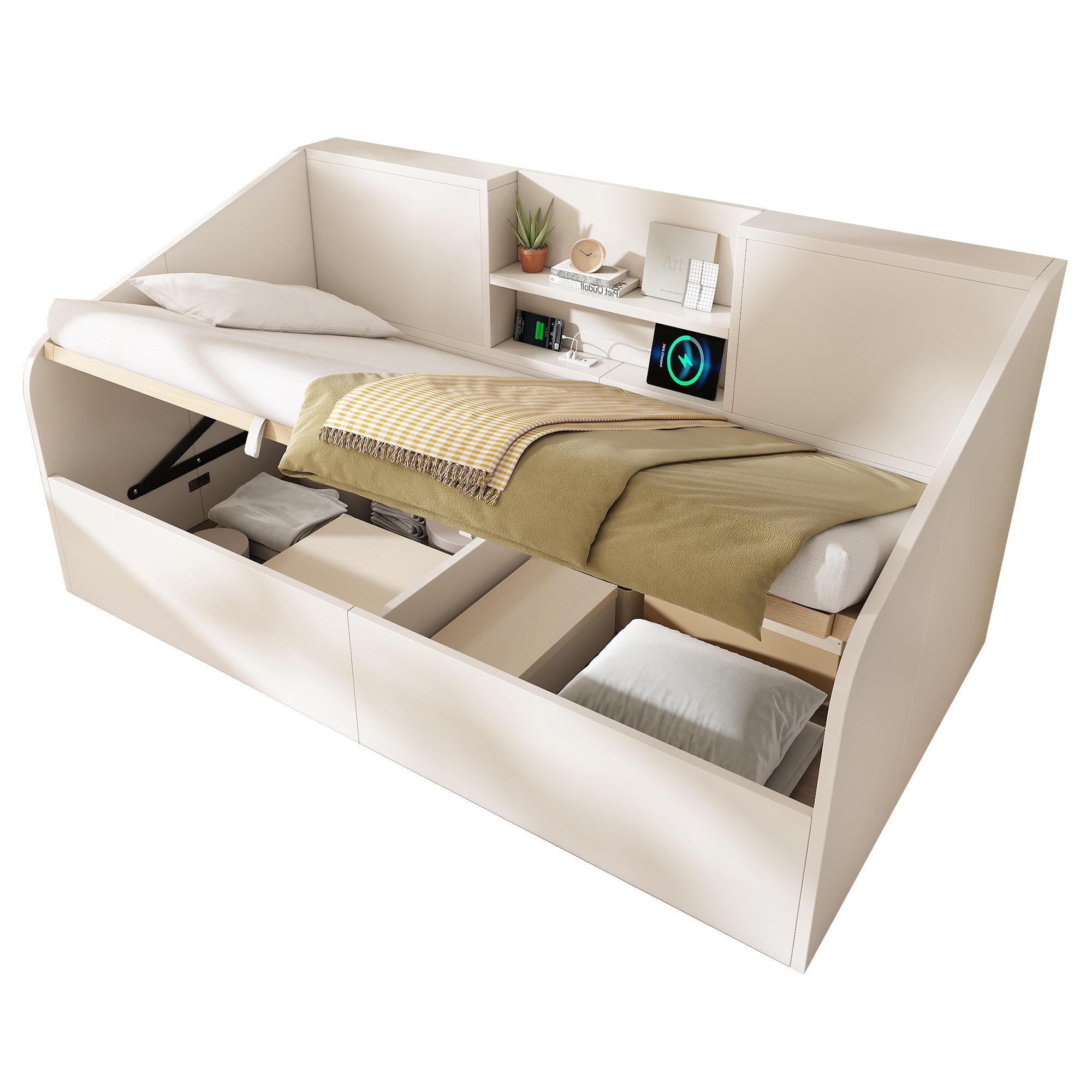 POLSTERBETT 90/200 cm mit USB- und Type-C-Ladestation, hydraulischem Stauraum und Ablagen, Holz, Weiß - Weiß, Textil (90/200cm) - Redom