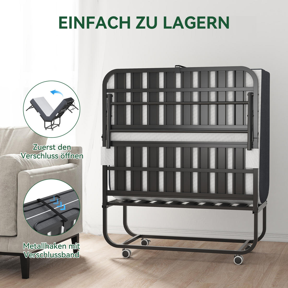 GÄSTEBETT klappbar 90x190 cm Metall Schwarz mit Memory-Foam-Matratze - Schwarz, Metall (90/190cm) - Meubliv