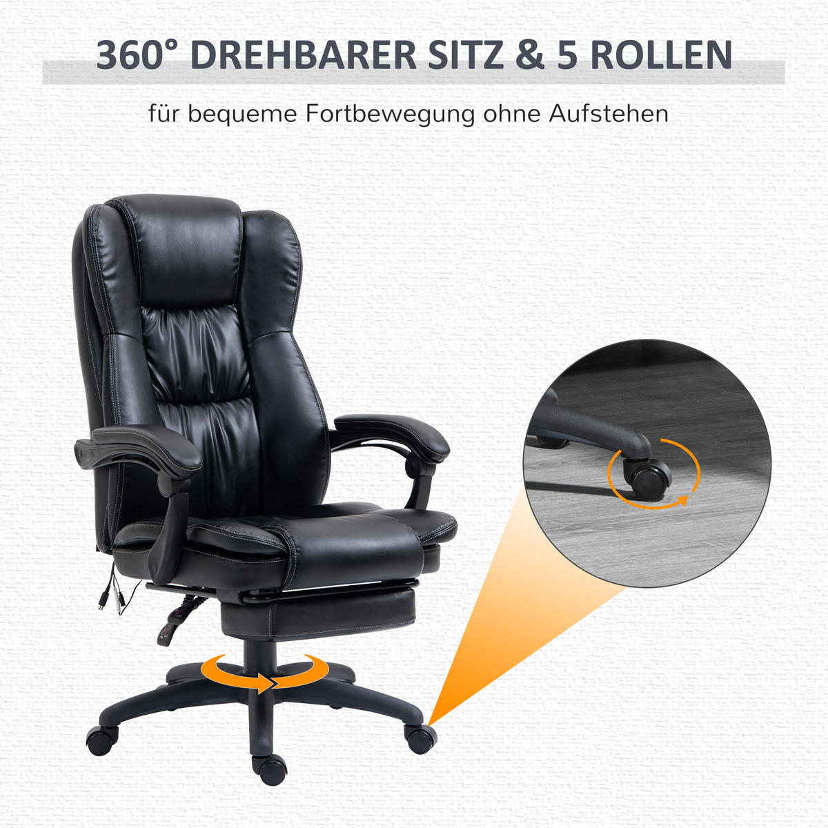VERSTELLBARER Drehstuhl mit Fußstütze, Kopfstütze, Massagefunktion, Schwarz - Schwarz, Kunststoff (68.5/121/68.5cm) - Vinsetto
