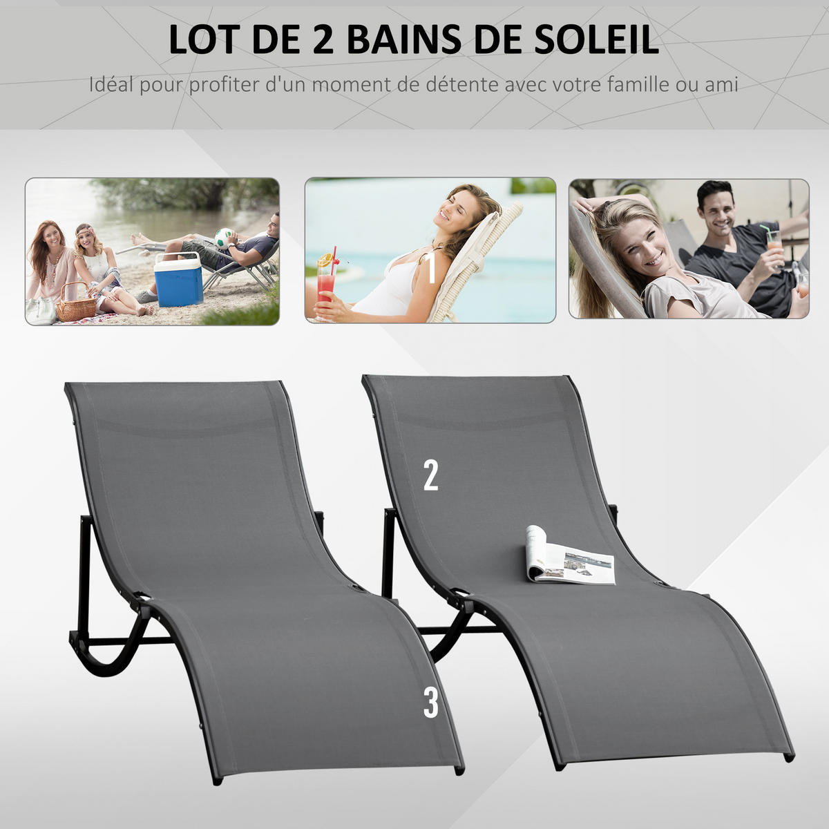 SONNENLIEGE 2er-Set DE-15607 klappbar Anthrazit - Dunkelgrau, Metall (61/63/165cm) - ComfortXL