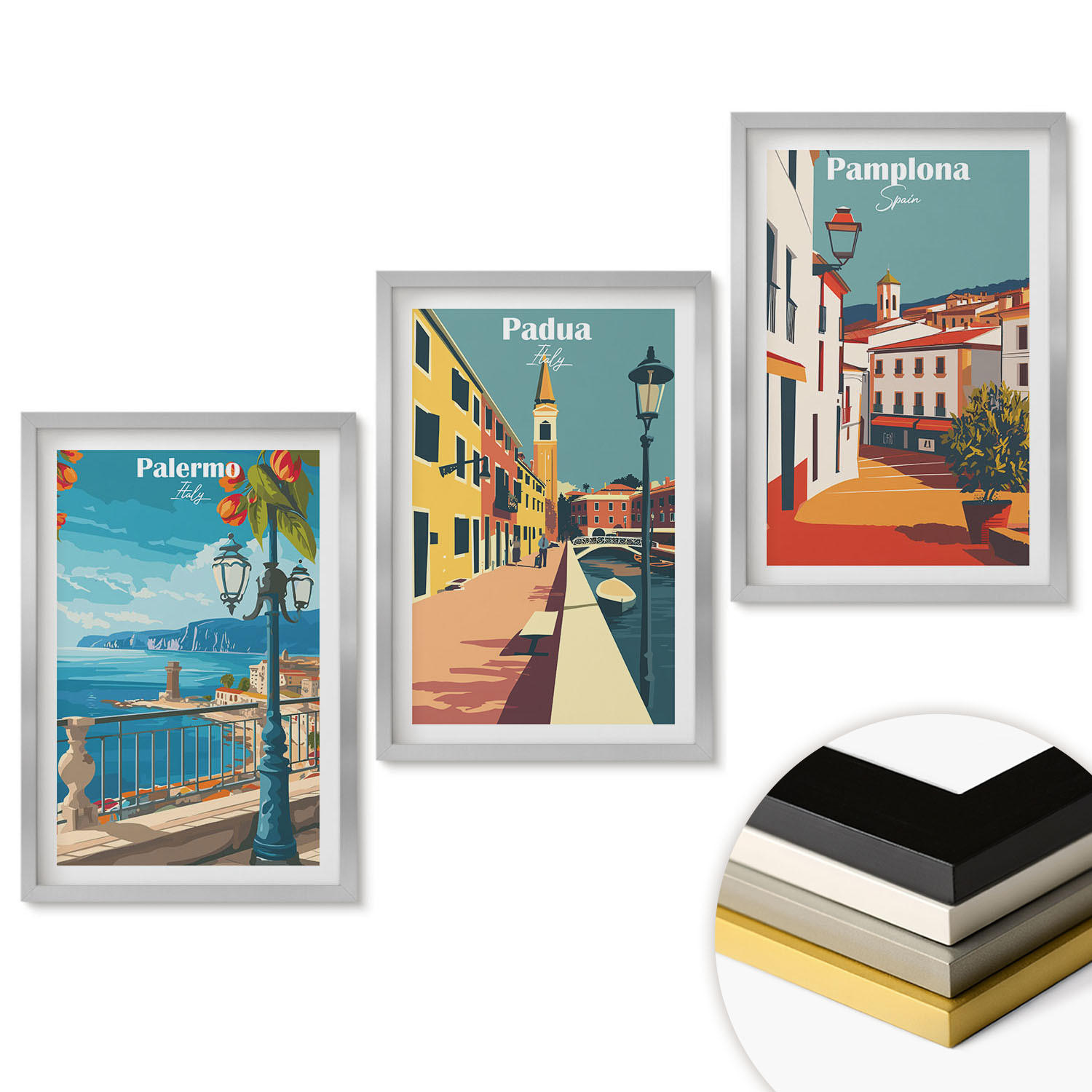 WANDBILDER 3er Set - 40x60 cm Silberner Rahmen - Retro-Stadtillustrationen - Silberfarben, Kunststoff (40/60cm) - ArtPrintCave