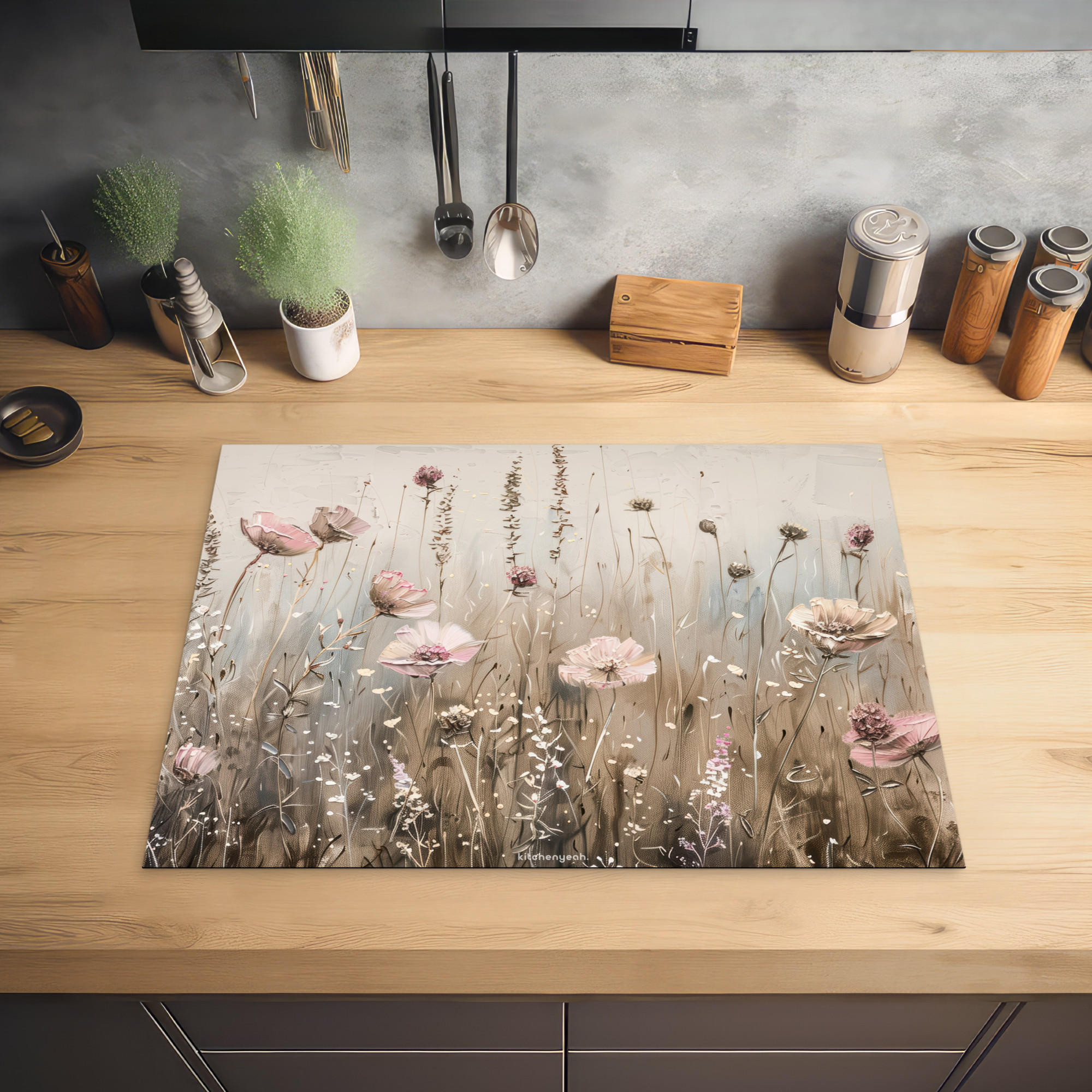 HERDABDECKPLATTE Blumen - Beige - Trockenblumen 71x52 cm - Beige, Kunststoff (71/0.2/52cm) - MuchoWow