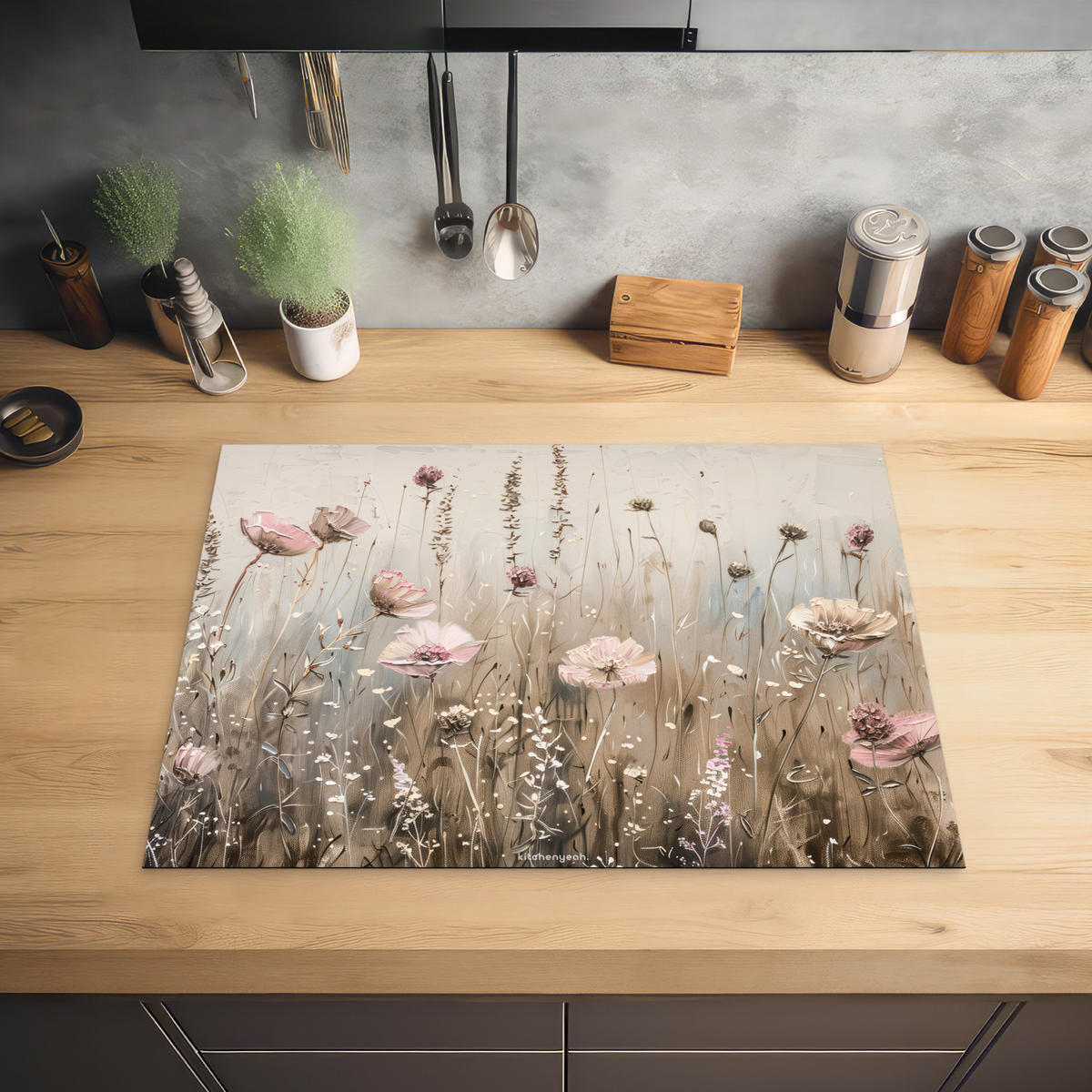 HERDABDECKPLATTE Blumen - Beige - Trockenblumen 70x52 cm - Beige, Kunststoff (70/0.2/52cm) - MuchoWow