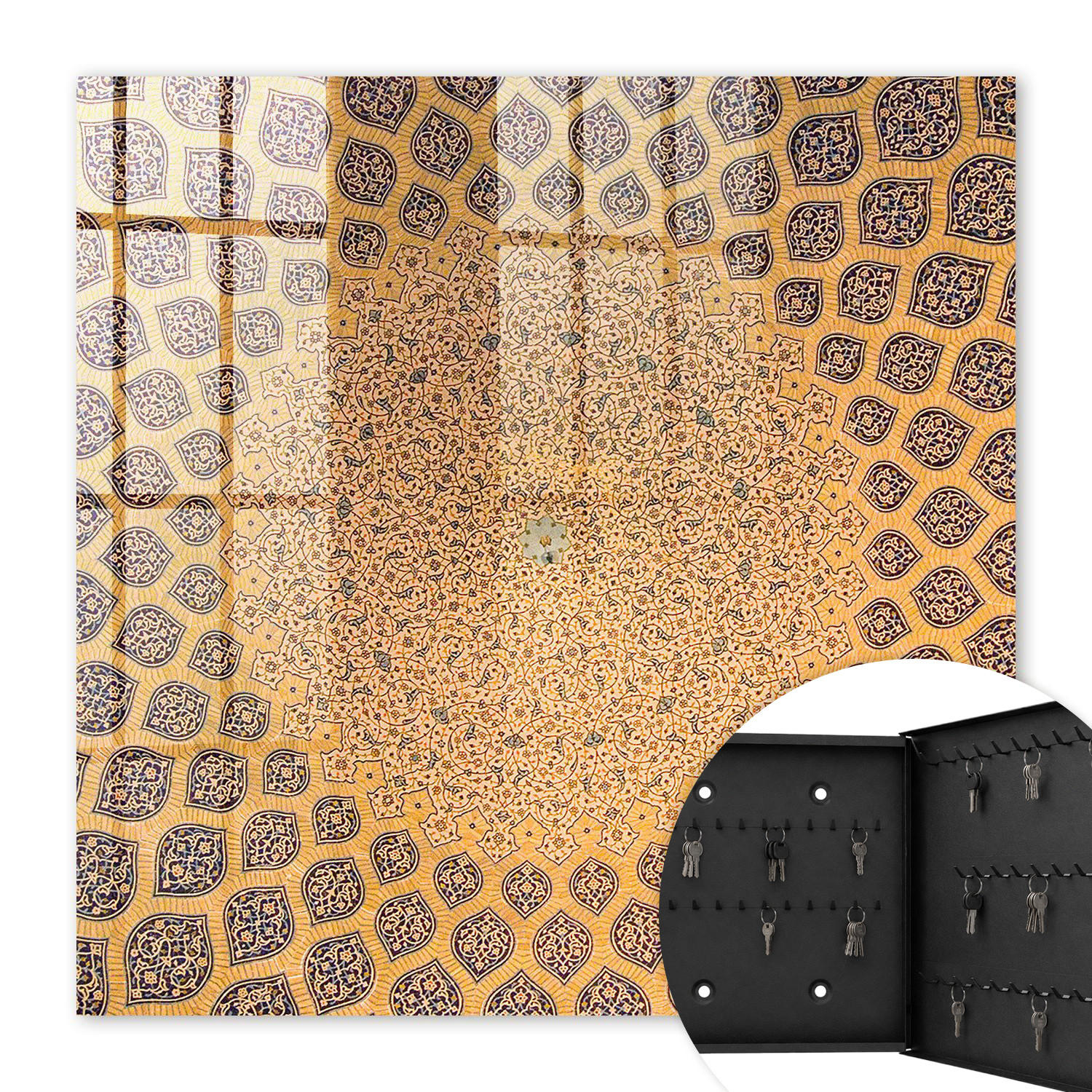 SCHLÜSSELBOX Schwarz 30x30 cm- Türöffnung nach rechts - Geometrisches Ornament - Gelb, Metall (30/30/5cm) - TULUP